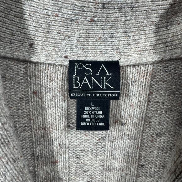 Jos A, Bank Sweater Men L Tan Speckled Wool Blend Elbow Patch Button Up Cardigan - Picture 5 of 8
